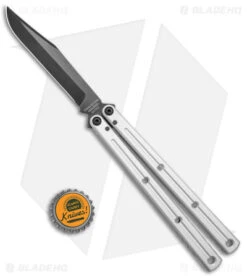 Squid Industries Krake Raken Bowie V2.5 Balisong Knife Matte Silver (4.5" Inked) -eos || Kershaw || Spyderco Shop Squid Industries Krake Raken V2.5 Balisong DP Matte Silver Black BHQ 141432 jr bottlecap