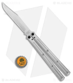 Squid Industries Krake Raken V2.5 Bowie Balisong Knife Silver (4.5" Satin) -eos || Kershaw || Spyderco Shop Squid Industries Krake Raken V2.5 Bowie Balisong Satin BHQ 115311 jr bottlecap