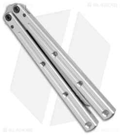 Squid Industries Krake Raken V2.5 Bowie Balisong Knife Silver (4.5" Satin) -eos || Kershaw || Spyderco Shop Squid Industries Krake Raken V2.5 Bowie Balisong Satin BHQ 115311 jr side