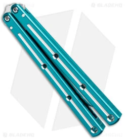 DoneSquid Industries Krake Raken V2.5 Bowie Balisong Knife Dual-Tone Teal (4.5") -eos || Kershaw || Spyderco Shop Squid Industries Krake Raken V2.5 Bowie Balisong Teal Dual Tone Satin BHQ 139551 jr side