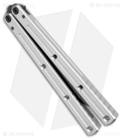 Squid Industries Krake Raken V2.5 Tanto Balisong Knife Silver (4.5" Inked) -eos || Kershaw || Spyderco Shop Squid Industries Krake Raken V2.5 Tanto Balisong Silver Inked BHQ 103493 jr side 2