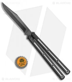 Squid Industries Krake Raken V2.5 Bowie Balisong Knife Dual-Tone (4.5" Inked) -eos || Kershaw || Spyderco Shop Squid Industries Krate Raken V2 Bowie Balisong Black Silver Inked BHQ 135234 jr bottlecap