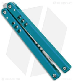 Squid Industries Mako V4.5 Bottle Opener Balisong Trainer Teal (4.3" SW) -eos || Kershaw || Spyderco Shop Squid Industries Mako V4.5 Bottle Opener Balisong Trainer Teal SW BHQ 177934 jr side